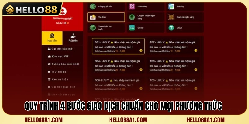 Nạp Tiền Hello88 2 Quy trình thực hiện giao dịch chuẩn 4 bước đơn giản
